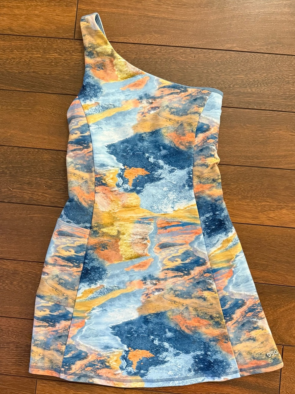 DSG One-Shoulder Abstract Print Dress in Blue, Orange, Yellow